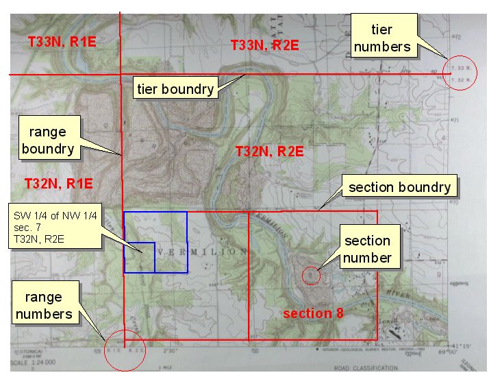 topographic map with Pulic Land Survey System features highlighted