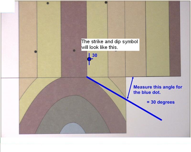 image of block A with side 1 up and a strike and dip symbol